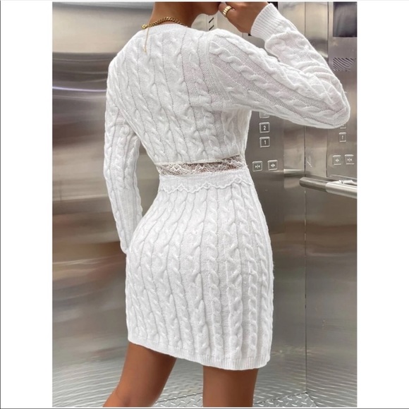 Comfy White Sheer Mesh Lace Knit Sweater Dress - Picture 4 of 6